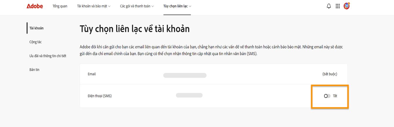 Nút chuyển đổi, nằm ở phía bên phải màn hình dưới tùy chọn Liên lạc tài khoản, cho phép bạn bật hoặc tắt thông báo điện thoại.