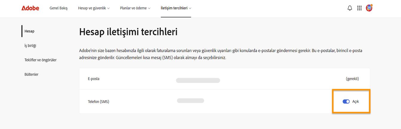 Ekranın sağ tarafında, Hesap iletişim tercihleri altında bulunan geçiş düğmesi, telefon bildirimlerini açmanızı veya kapatmanızı sağlar.