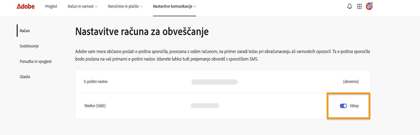 Gumb za preklop, ki se nahaja na desni strani zaslona pod nastavitvami komunikacije računa, omogoča vklop ali izklop telefonskih obvestil.