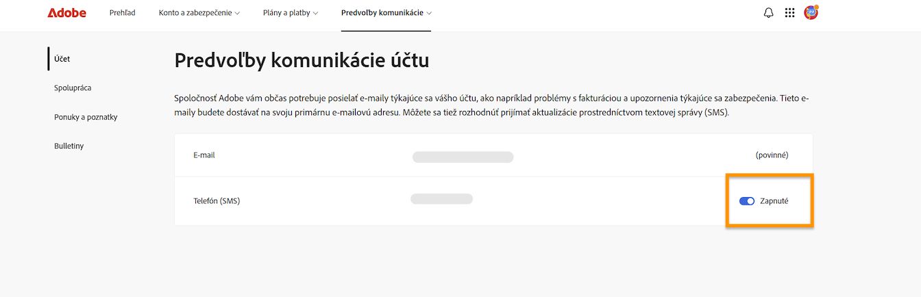 Tlačidlo prepínača, ktoré sa nachádza na pravej strane obrazovky pod Preferenciami komunikácie konta, vám umožňuje zapnúť alebo vypnúť telefónne oznámenia.