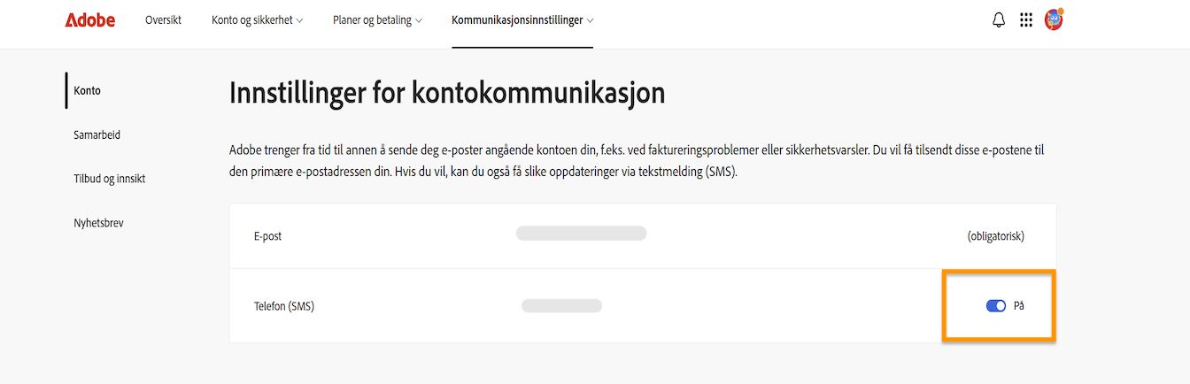 Veksleknappen, som er plassert på høyre side av skjermen under Kommunikasjonsinnstillinger for konto, lar deg slå telefonvarsler av eller på.