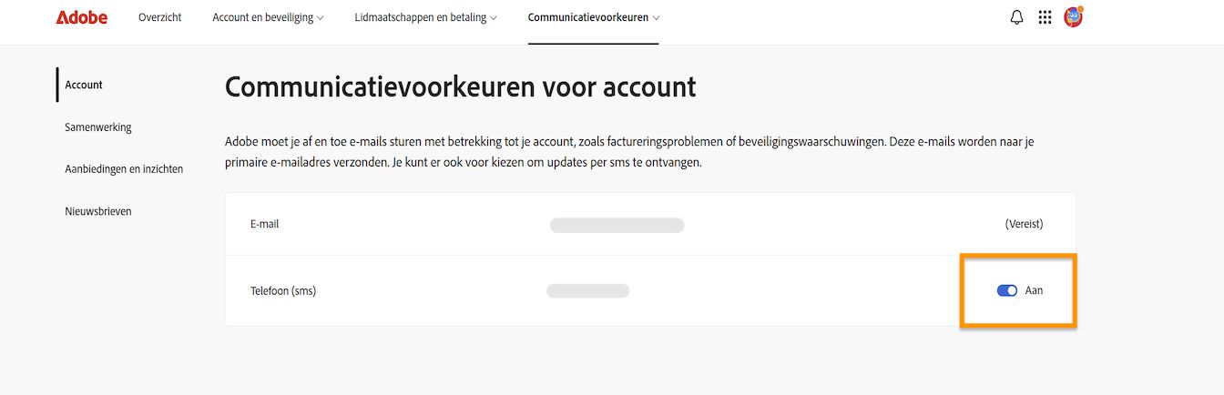 Met de schakelknop aan de rechterkant van het scherm onder Accountcommunicatievoorkeuren kun je telefoonmeldingen aan- of uitzetten.