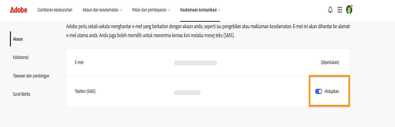 Butang togol, yang terletak di sebelah kanan skrin di bawah Keutamaan komunikasi akaun, membolehkan anda menghidupkan atau mematikan pemberitahuan telefon.