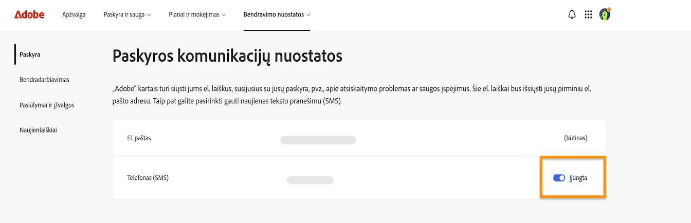 Perjungimo mygtukas, esantis dešinėje ekrano pusėje po paskyros komunikacijos nuostatomis, leidžia įjungti arba išjungti telefonu siunčiamus pranešimus.