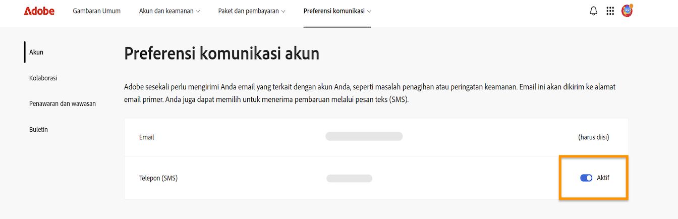 Tombol nyala/mati, yang terletak di sisi kanan layar di bawah Preferensi komunikasi akun, memungkinkan Anda mengaktifkan atau menonaktifkan notifikasi telepon.
