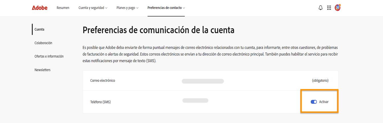 Con el botón conmutador, situado en la parte derecha de la pantalla en Preferencias de comunicación de la cuenta, se pueden activar o desactivar las notificaciones por teléfono.