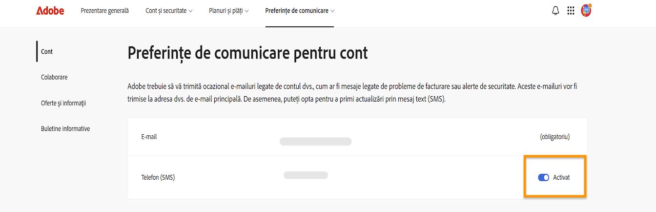 Butonul comutator, situat în partea dreaptă a ecranului sub Preferințe de comunicare cont, vă permite să activați sau să dezactivați notificările telefonice.