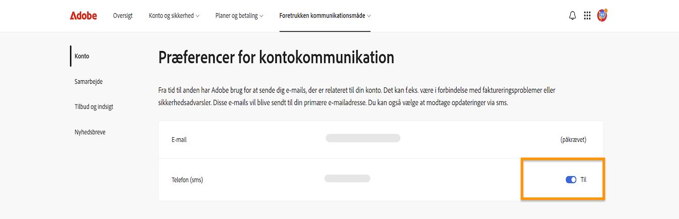 Skifteknappen, der er placeret på højre side af skærmen under Kontokommunikationspræferencer, giver dig mulighed for at slå telefonnotifikationer til eller fra.