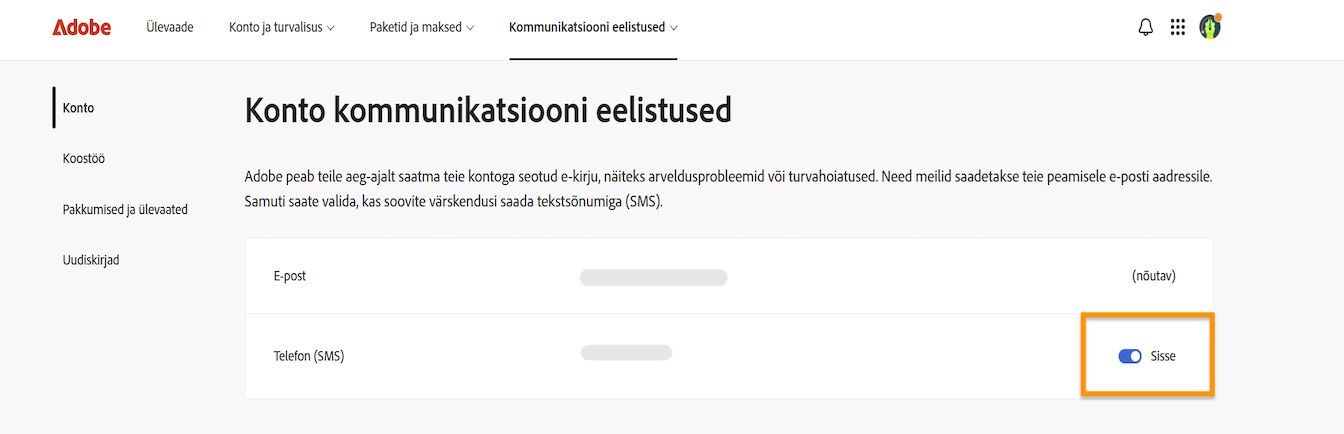 Lülitinupp, mis asub ekraani paremal küljel jaotise Konto suhtluseelistused all, võimaldab teil telefoniteatised sisse või välja lülitada.
