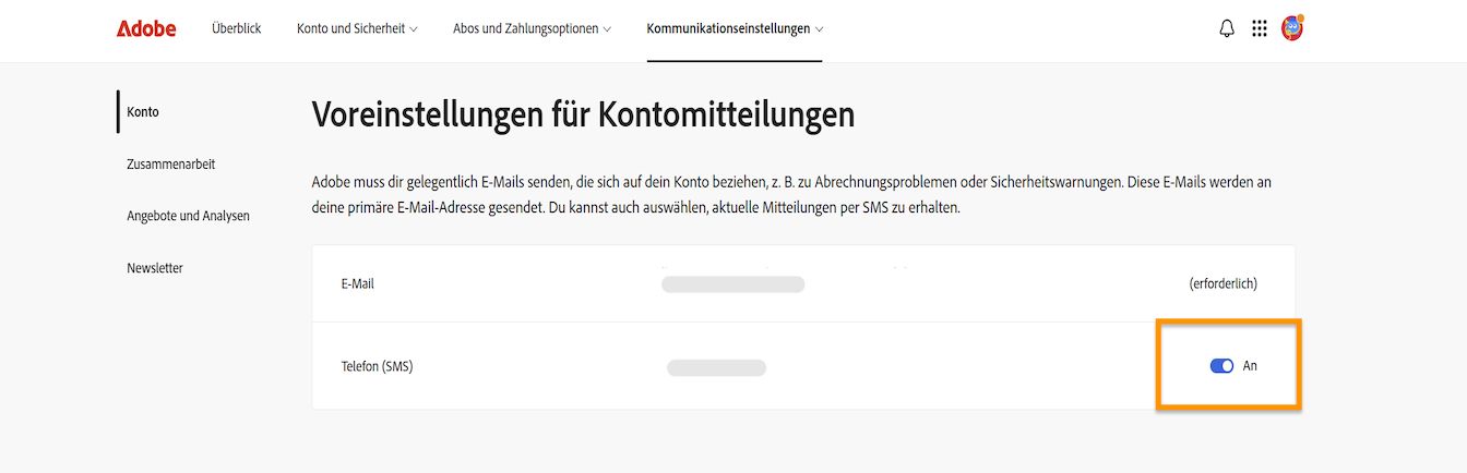 Der Umschalter auf der rechten Seite des Bildschirms unter Konto-Kommunikationseinstellungen ermöglicht es dir, Telefonbenachrichtigungen ein- oder auszuschalten.