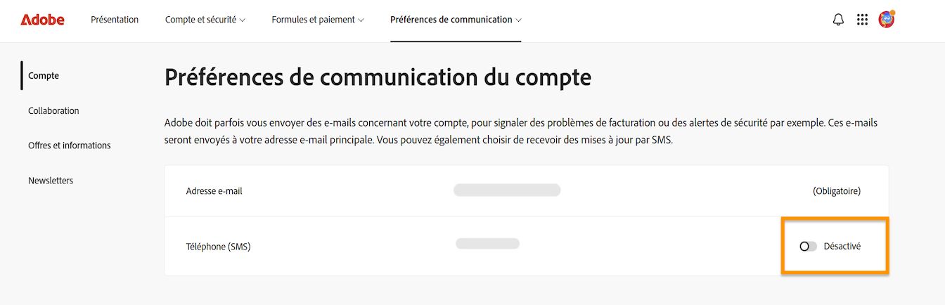 Le bouton bascule, situé sur le côté droit de l’écran sous Préférences de communication du compte, vous permet d’activer ou de désactiver les notifications téléphoniques.