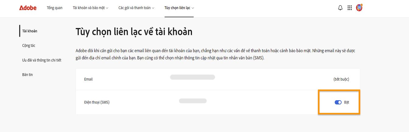 Nút chuyển đổi, nằm ở phía bên phải màn hình dưới tùy chọn Liên lạc tài khoản, cho phép bạn bật hoặc tắt thông báo điện thoại.