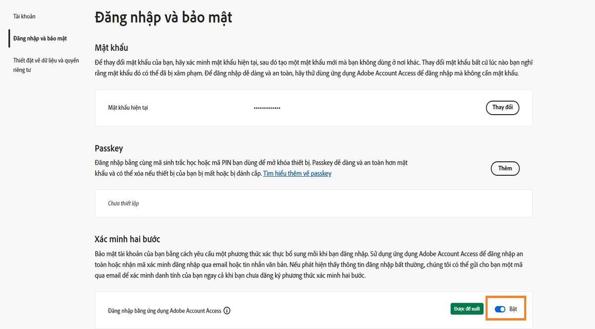 Nút chuyển đổi, nằm ở bên phải tùy chọn ứng dụng Adobe Account Access trong phần Xác minh hai bước, cho phép bạn hủy kích hoạt ứng dụng cho các lần đăng nhập trong tương lai.