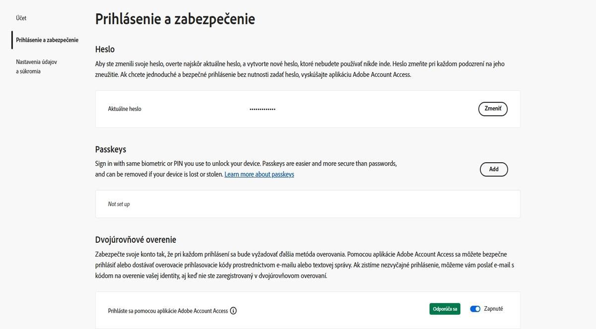 Prepínacie tlačidlo, ktoré sa nachádza napravo od možnosti aplikácie Adobe Account Access v časti Dvojstupňové overenie, vám umožňuje deaktivovať aplikáciu pre vaše budúce prihlásenia.