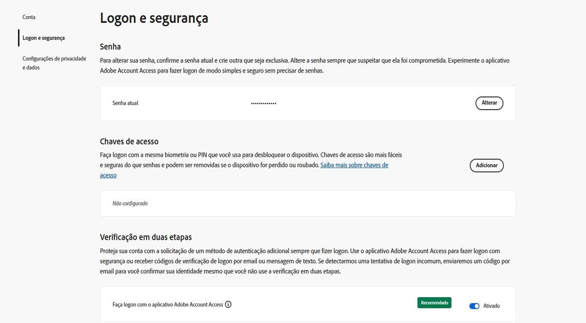 O botão de alternância, localizado à direita da opção do aplicativo Adobe Account Access em Verificação em duas etapas, permite desativar o aplicativo para seus futuros logons.