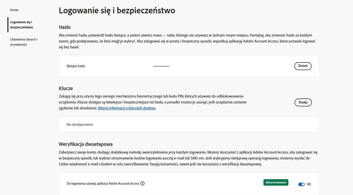 Przycisk przełączania, znajdujący się po prawej stronie opcji aplikacji Adobe Account Access w sekcji Weryfikacja dwuetapowa, umożliwia dezaktywację aplikacji dla przyszłych logowań.