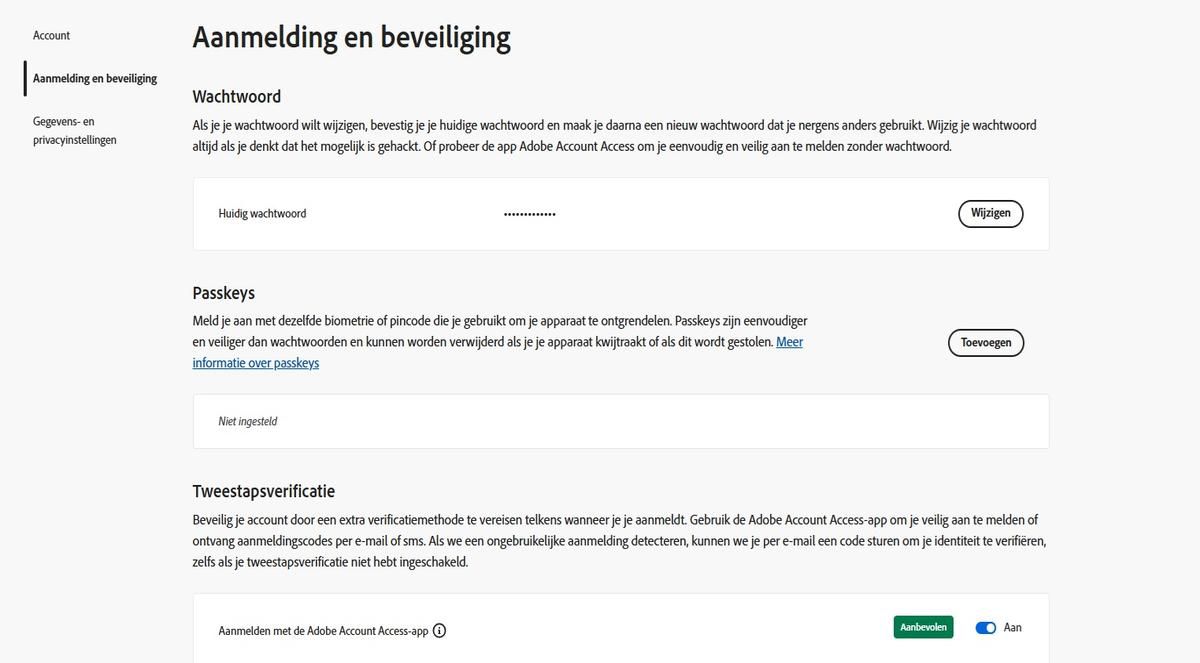 De schakelknop, die zich rechts van de Access-app van het Adobe-account onder Tweestapsverificatie bevindt, stelt je in staat om de app te deactiveren voor toekomstige aanmeldingen.
