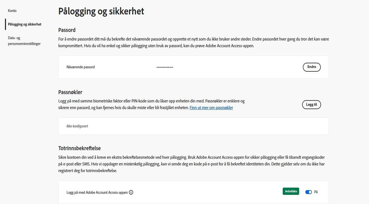 Vekslebryteren, som er plassert til høyre for alternativet Adobe Account Access-app under Totrinnsbekreftelse, lar deg deaktivere appen for pålogginger i fremtiden.