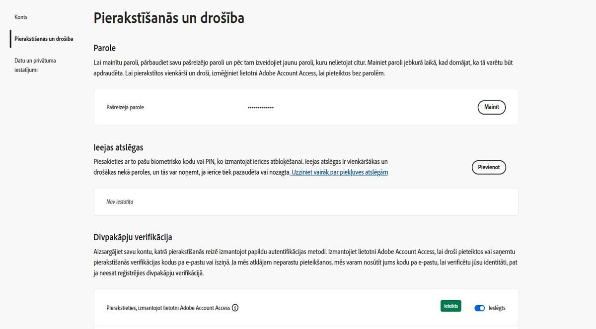 Pārslēgšanas poga, kas atrodas pa labi no Adobe Account Access lietotnes opcijas sadaļā Divpakāpju verifikācija, ļauj deaktivizēt lietotni turpmākajām pierakstīšanās reizēm.