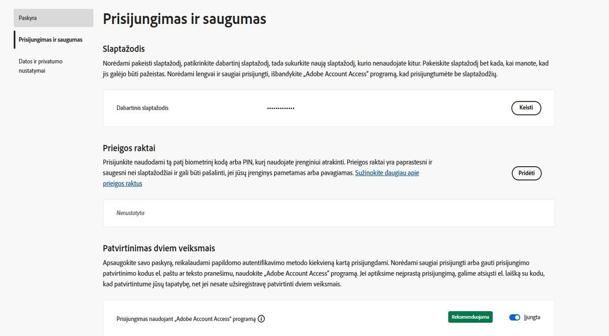 Perjungimo mygtukas, esantis „Account Access“ programos parinkties dešinėje, skiltyje „Patvirtinimas dviem veiksmais“, leidžia išjungti programą prisijungiant ateityje.