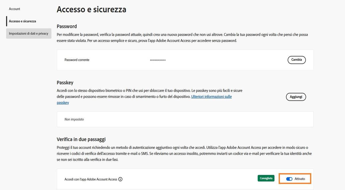 Il pulsante di attivazione/disattivazione, situato a destra dell'opzione dell'app Adobe Account Access sotto Verifica in due passaggi, consente di disattivare l'app per gli accessi futuri.