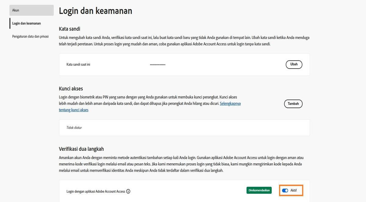 Tombol beralih, yang terletak di sebelah kanan opsi aplikasi Adobe Account Access di bawah Verifikasi dua langkah, memungkinkan Anda menonaktifkan aplikasi untuk login pada masa mendatang.