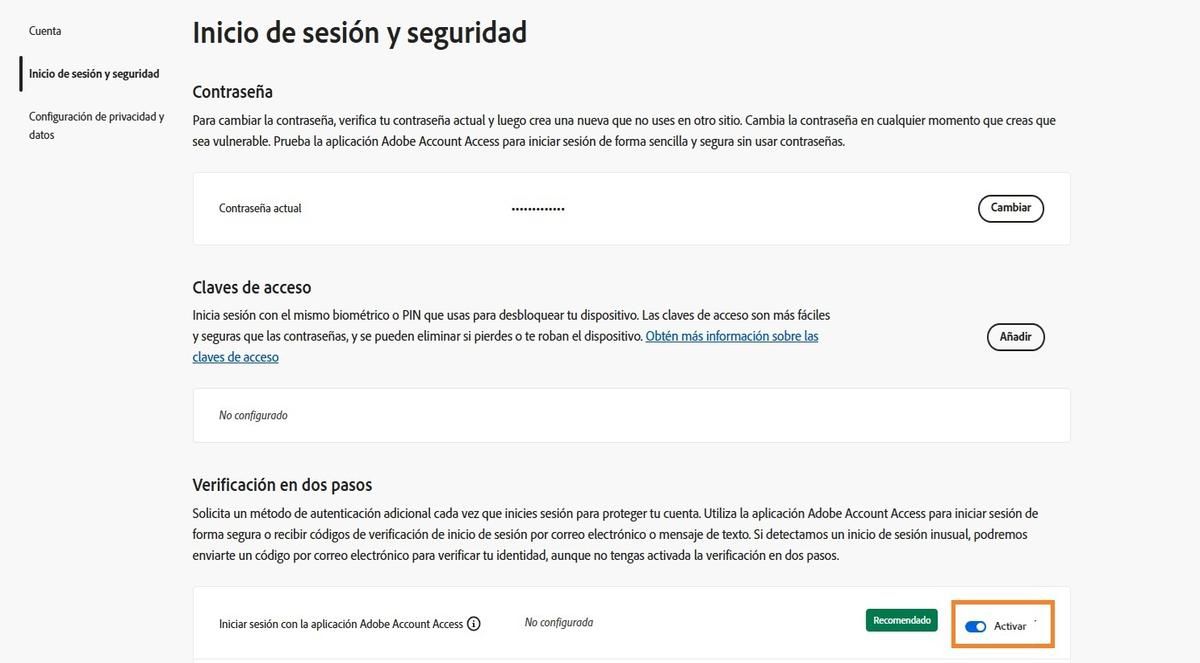 El botón de alternancia, ubicado a la derecha de la opción de aplicación Adobe Account Access bajo Verificación en dos pasos, le permite desactivar la aplicación para sus futuros inicios de sesión.