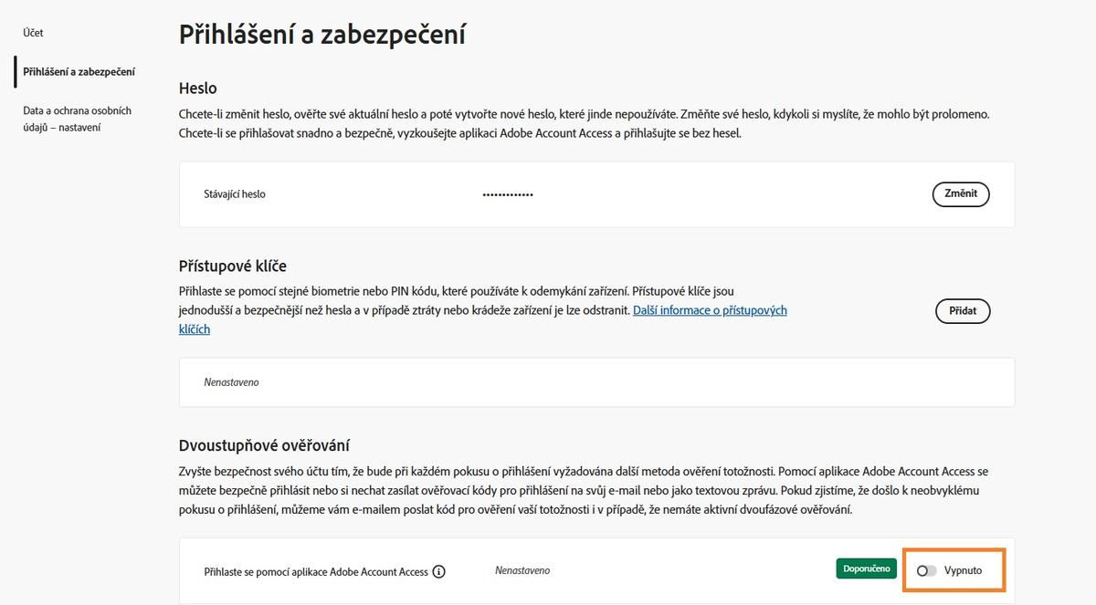 Přepínací tlačítko, které se nachází napravo od možnosti aplikace Adobe Account Access v části Dvoufázové ověření, vám umožňuje deaktivovat aplikaci pro budoucí přihlášení.