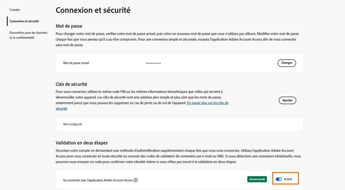 Le bouton de basculement, situé à droite de l’option de l’application Adobe Account Access sous Vérification en deux étapes, vous permet de désactiver l’application pour vos futures connexions.
