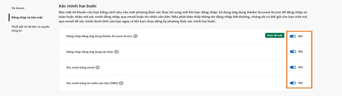 Các nút chuyển đổi, nằm ở phía trên bên phải của màn hình dưới mục Xác minh hai bước, cho phép bạn tắt phương thức xác minh bắt buộc. 