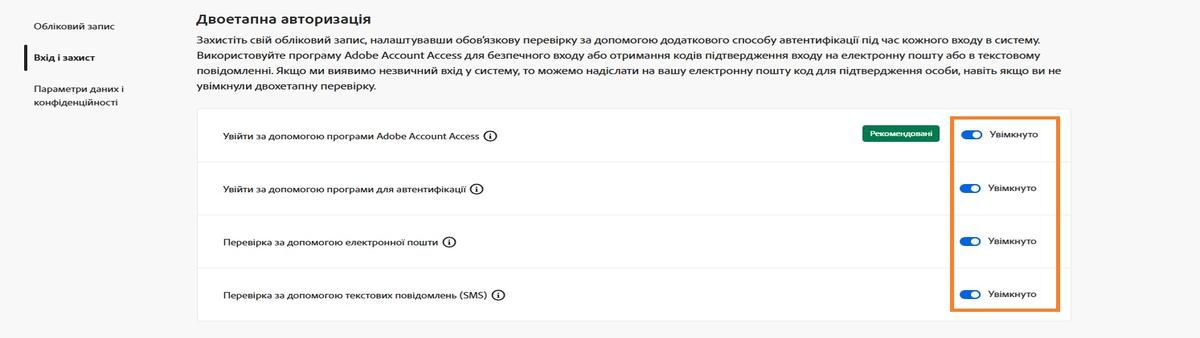 Перемикачі, розташовані у верхньому правому куті екрана під розділом «Двоетапна перевірка», дозволяють вимкнути обов’язковий спосіб перевірки.