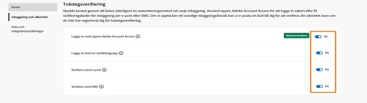 Växlingsknapparna, som finns i det övre högra hörnet av skärmen under Tvåstegsverifiering, gör att du kan stänga av den obligatoriska verifieringsmetoden.