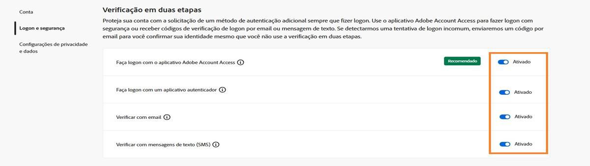Os botões de alternância, localizados no lado superior direito da tela em Verificação em duas etapas, permitem desativar o método de verificação obrigatório.
