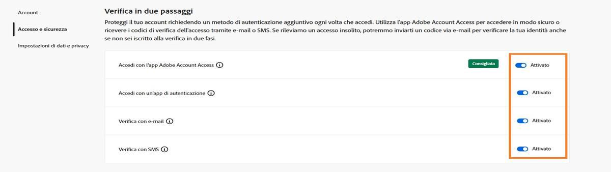 I pulsanti di attivazione/disattivazione situati in alto a destra nello schermo sotto Verifica in due passaggi consentono di disattivare il metodo di verifica richiesto. 