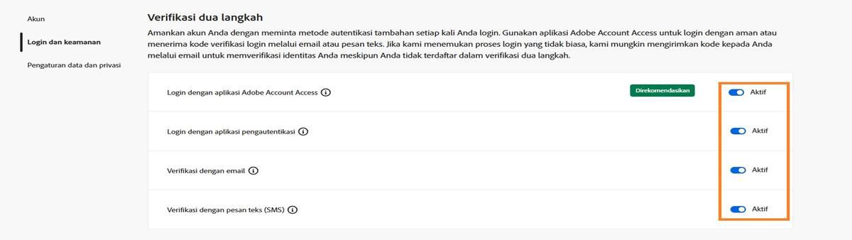 Tombol beralih, yang terletak di sisi kanan atas layar di bawah Verifikasi dua langkah, memungkinkan Anda mematikan metode verifikasi yang diperlukan.