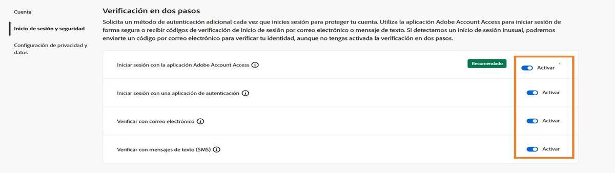 Los botones de alternancia, ubicados en la parte superior derecha de la pantalla bajo Verificación en dos pasos, le permiten Desactivar el método de verificación requerido. 