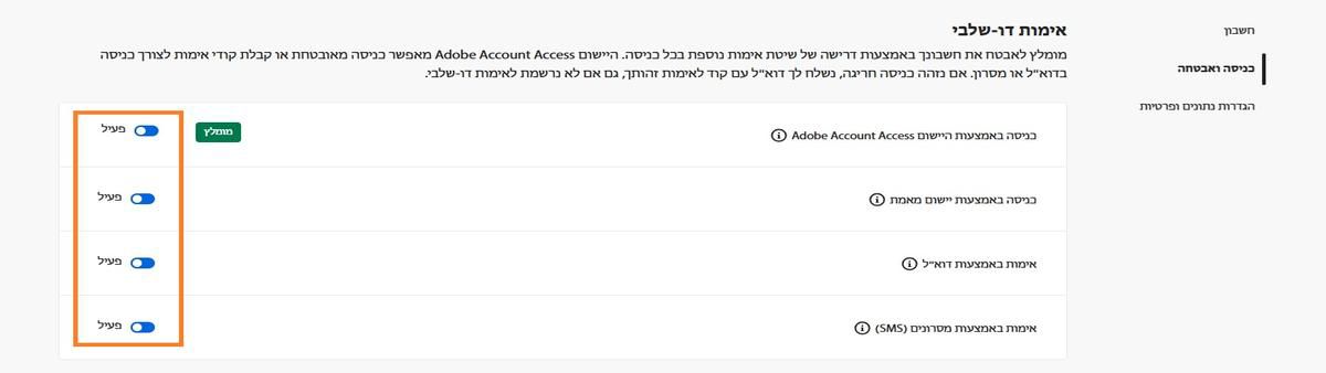 לחצני החלפת המצב, הממוקמים בצד ימין למעלה של המסך תחת Two-step verification, מאפשרים לכם לכבות את שיטת האימות הנדרשת. 