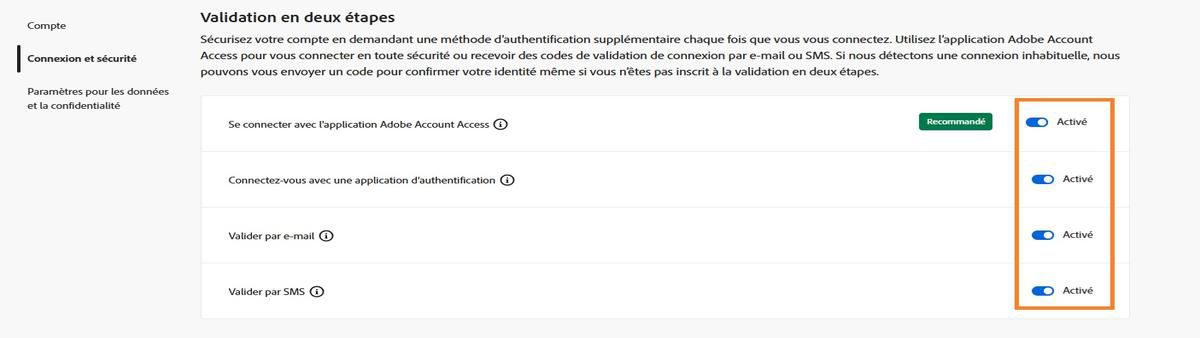 Les boutons bascule, situés dans la partie supérieure droite de l’écran sous Vérification en deux étapes, vous permettent de désactiver la méthode de vérification requise. 
