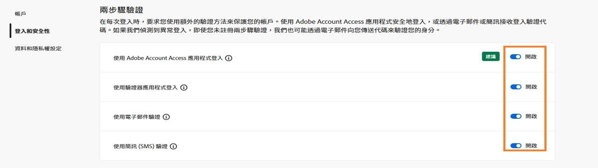切換按鈕位於畫面右上方的「雙步驟驗證」下方，可讓您關閉必要的驗證方法。