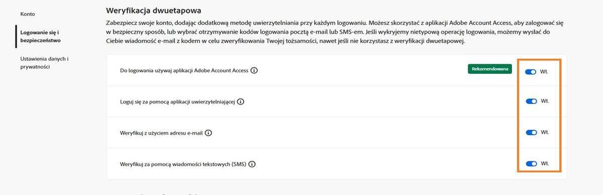 Przyciski przełączania znajdujące się po prawej stronie ekranu w sekcji Weryfikacja dwuetapowa aktywują preferowaną metodę weryfikacji. 