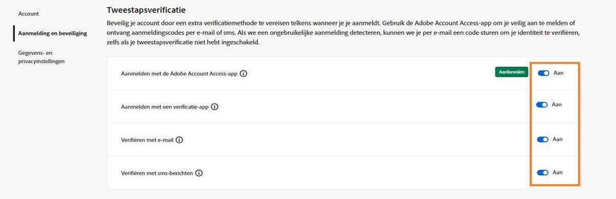 De schakelknoppen aan de rechterkant van het scherm onder Verificatie in twee stappen activeren je gewenste verificatiemethode. 