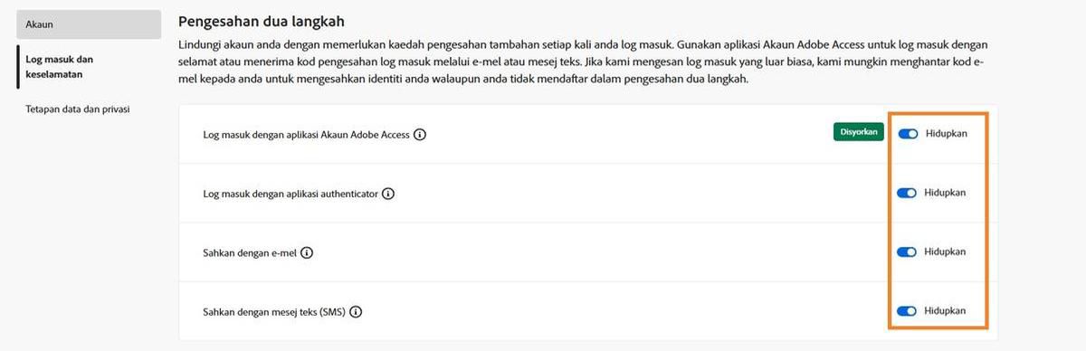 Butang togol yang terletak di sebelah kanan skrin di bawah Pengesahan dua langkah akan mengaktifkan kaedah pengesahan pilihan anda. 