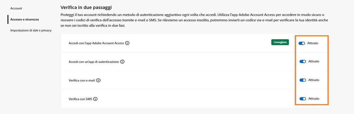 I pulsanti di attivazione situati sul lato destro dello schermo sotto Verifica in due passaggi attiveranno il tuo metodo di verifica preferito. 