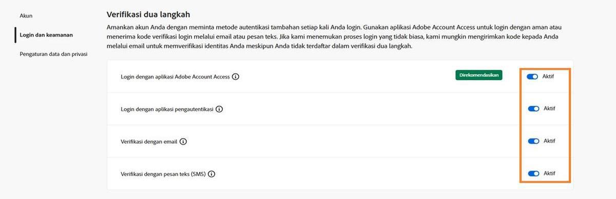 Tombol nyala/mati yang terletak di sisi kanan layar di bawah Verifikasi dua langkah akan mengaktifkan metode verifikasi pilihan Anda. 