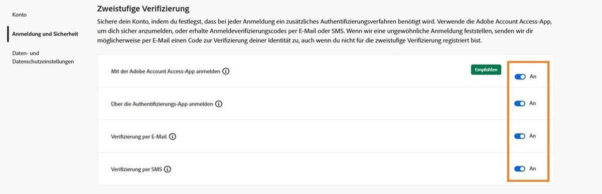 Mit den Umschaltflächen rechts im Bildschirm unter „Zweistufige Verifizierung“ kannst du deine bevorzugte Verifizierungsmethode aktivieren. 