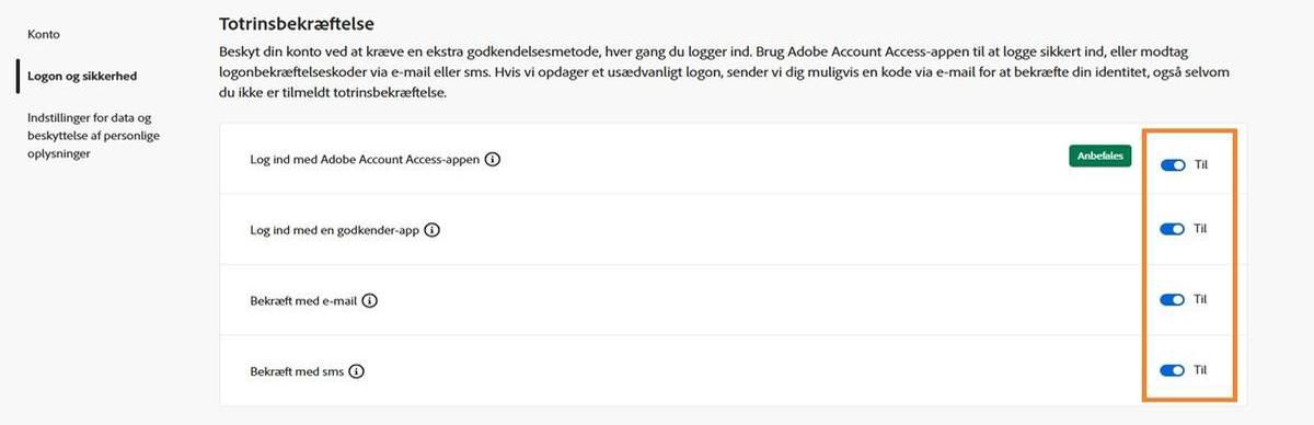 Kontakterne på højre side af skærmen under Totrinsgodkendelse aktiverer din foretrukne bekræftelsesmetode. 