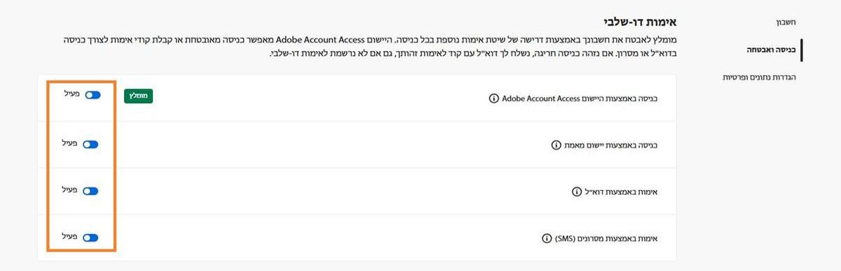 לחצני ההחלפה הממוקמים בצד ימין של המסך תחת אימות דו-שלבי יפעילו את שיטת האימות המועדפת עליכם. 