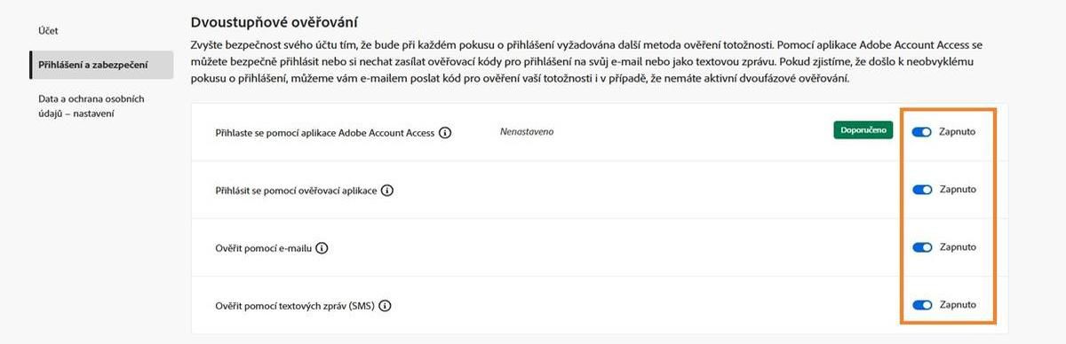 Přepínače umístěné v pravé horní části obrazovky v části Dvoufázové ověření vám umožňují aktivovat preferovanou metodu ověření. 