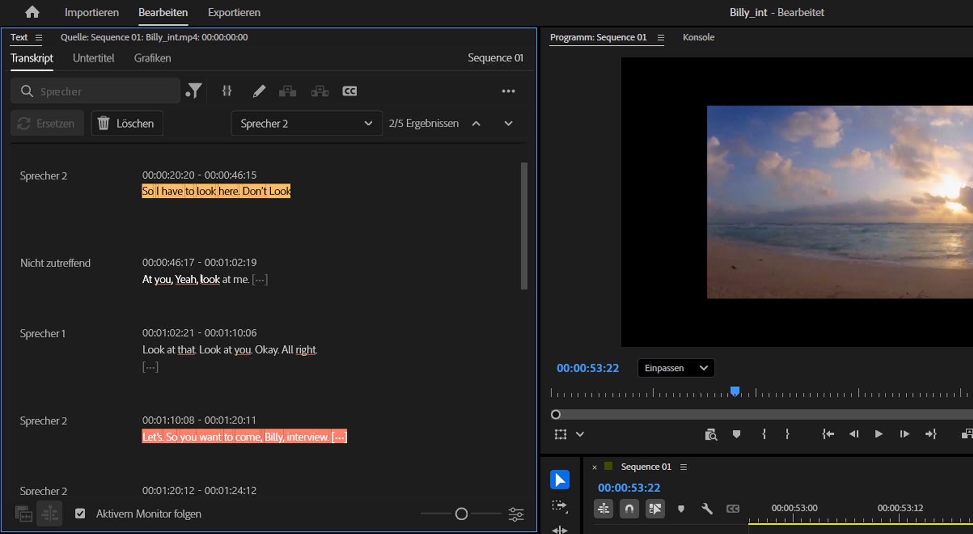 Die Registerkarte „Transkript“ ist geöffnet und zeigt die Dialoge der ausgewählten Person hervorgehoben an.