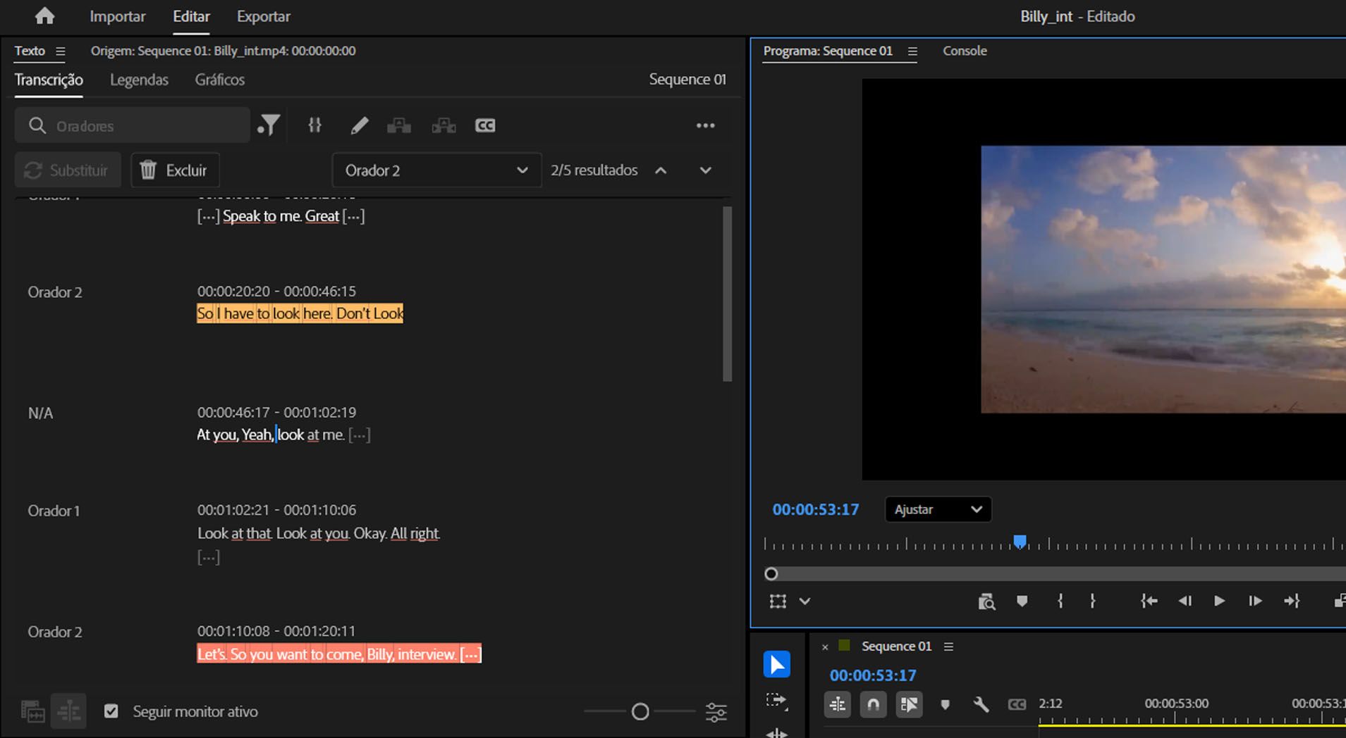 A guia de transcrição está aberta, realçando os diálogos do locutor selecionado.